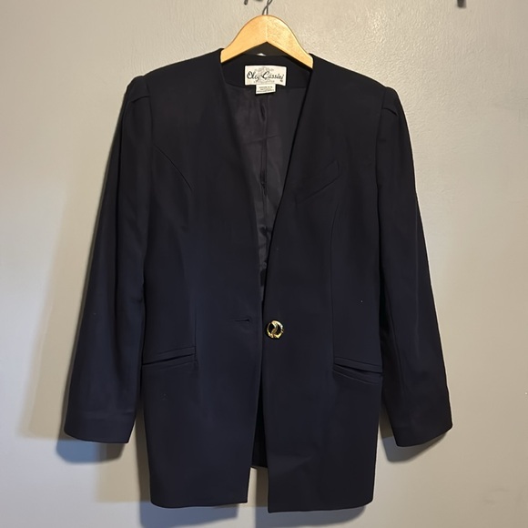 Oleg Cassini Vintage Navy collarless wool blazer single button size M/ L - Picture 9 of 16